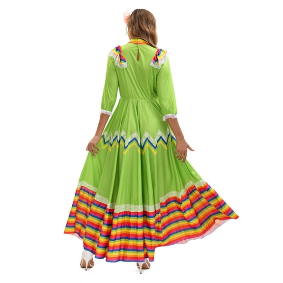 Jinhomg Mexican Traditional Dress Folklorico Dance Dresses Cinco De Mayo Costumes Dress for Women Green L