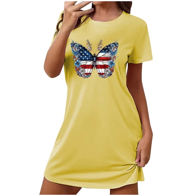 Mrat Robe de Pyjama en Coton pour Femmes, Chemise de Nuit Courte Surdimensionnée, Mode Imprimée 4 Juillet, Manches Courtes, S-109 Jaune TTG