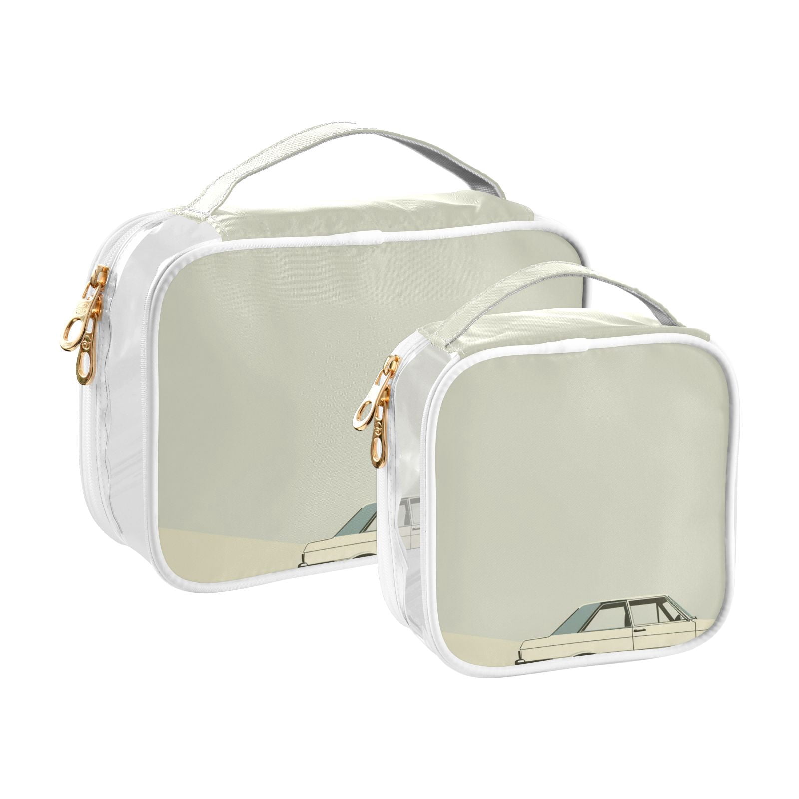 Clear Makeup Bags with Handle Large Opening 2 Pack Set Toiletry Bag Quart Size Bag, for Women Man Traveling Travel Essentials, Toiletries and Other. Hand Drawing Car Spring Grass