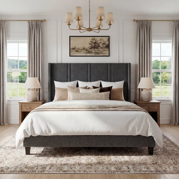 GUNAITO Cadre de Lit Grand avec Tête de Lit Rembourrée de 129 cm (50,8 Po), Plateforme en Bois, Sans Sommier, Silencieux, Montage Facile, Gris Clair