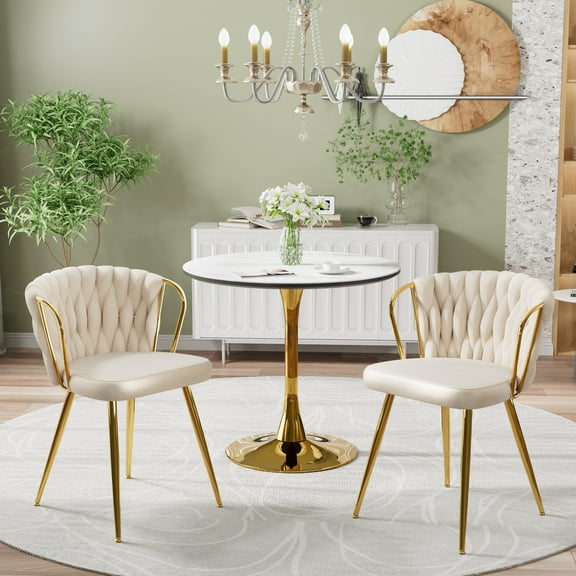 KATBOC 3PCS Round Dining Table Set with 2 Velvet Chairs, 31in Marble Top, Gold Tulip Base, Mid-Century Modern, for Kitchen, Small Space, Dining Room, Beige
