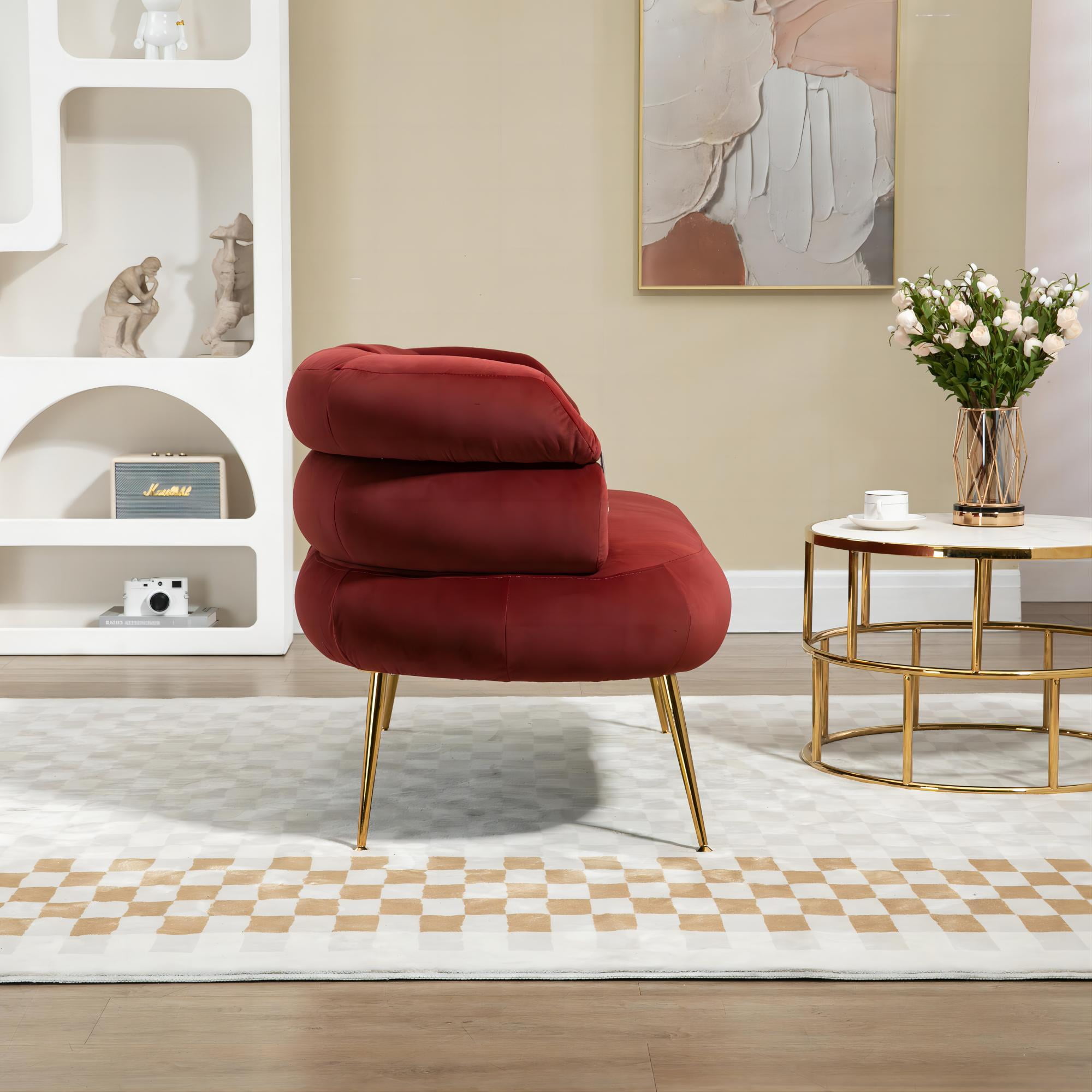 DEALTOPS Velvet Accent Chair Modern Upholstered Armchair with Metal Frame for Living Room-Wine Red