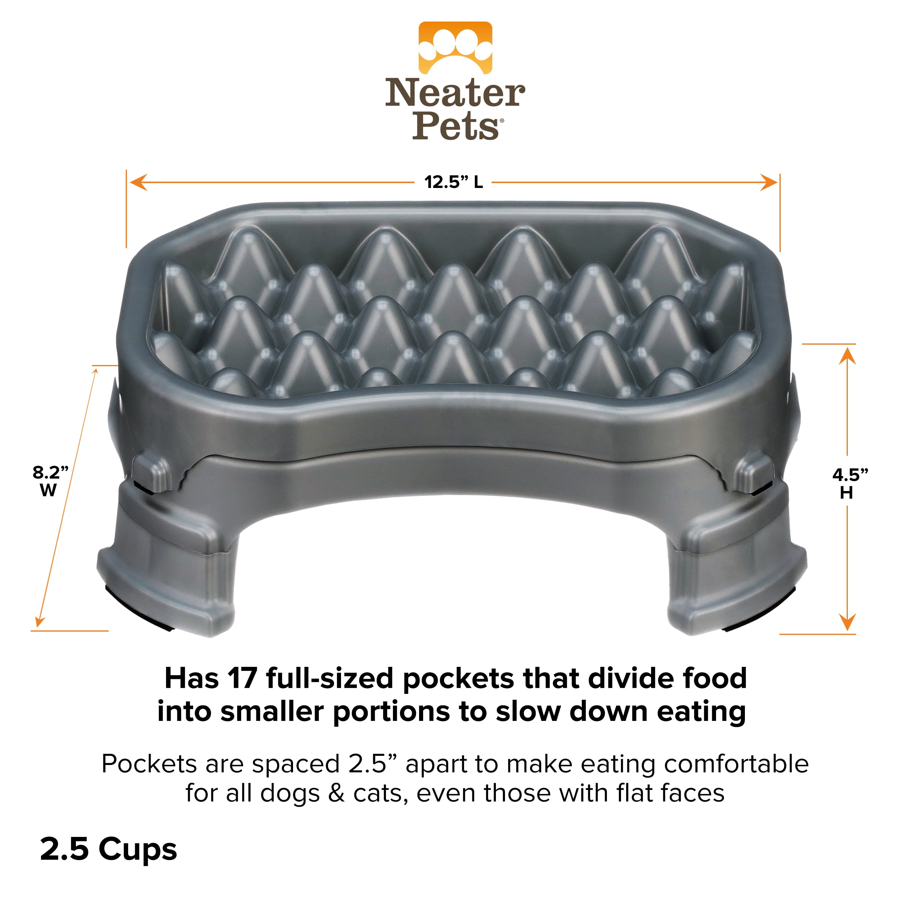 Neater Pet Brands Raised Neater Slow Feeder - Elevated & Adjustable Feeding Height - Improves Digestion, Stops Obesity, and Slows Down Eating, 2.5 Cups, Gunmetal