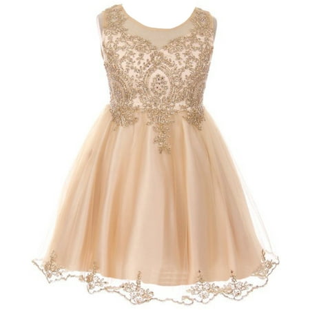 Little Girls Dress Sparkle Rhinestones Holiday Christmas Party Flower Girl Dress Champagne Size 4 (M10BK49)