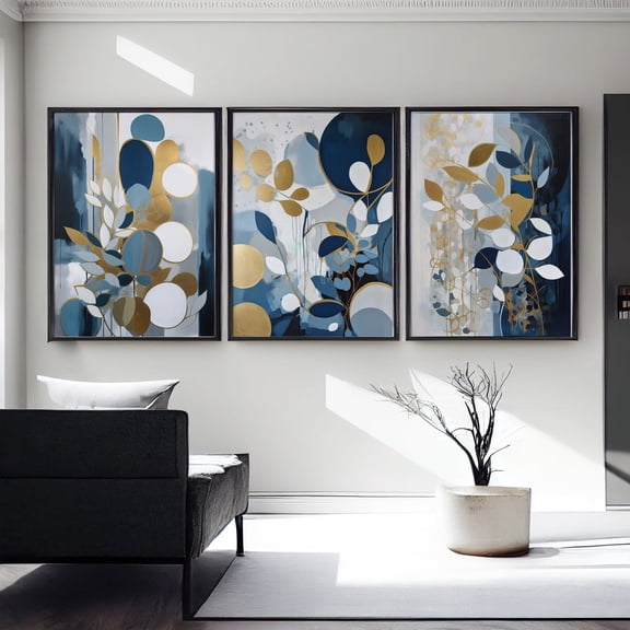 Navy Gold Botanical Abstract Wall Art Set 3 Unframed Paper Print 8x12