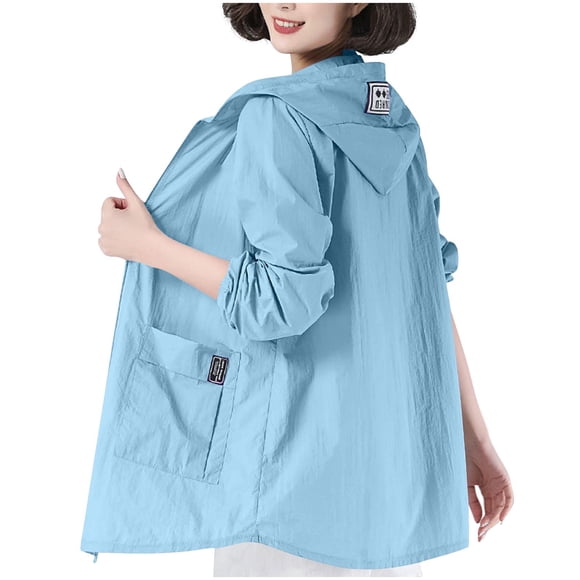 LMKIHUSA Sun Protection Summer Jackets for Women UPF 50+ Casual 2025 Coats Long Sleeve Plain Full Zip Jackets Lightweight Hiking Hooded Tops with Pockets Blue,XL