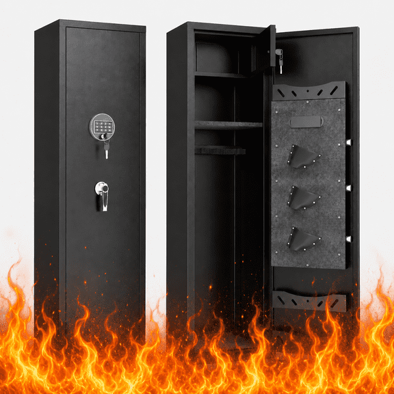 57" Gun Safe for Home, Heavy-duty Electronic Safe with Quick Access, 5-Slot Storage Cabinet with 3 Interior Pockets, Detachable Partition, No Assembly Required, Black