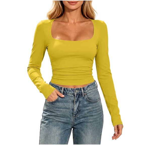 Perfectbot Women's Square Neck Fitted T-Shirt Long Sleeve Crop Ruched Waist Stretchable Basic Tee Shirt