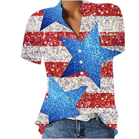 Summer Tops for Womens 1/2 Button Up Tee Shirts Graphic American Flag Graphic V Neck Blouses Casual Tshirts (3X-Large  Light Blue)