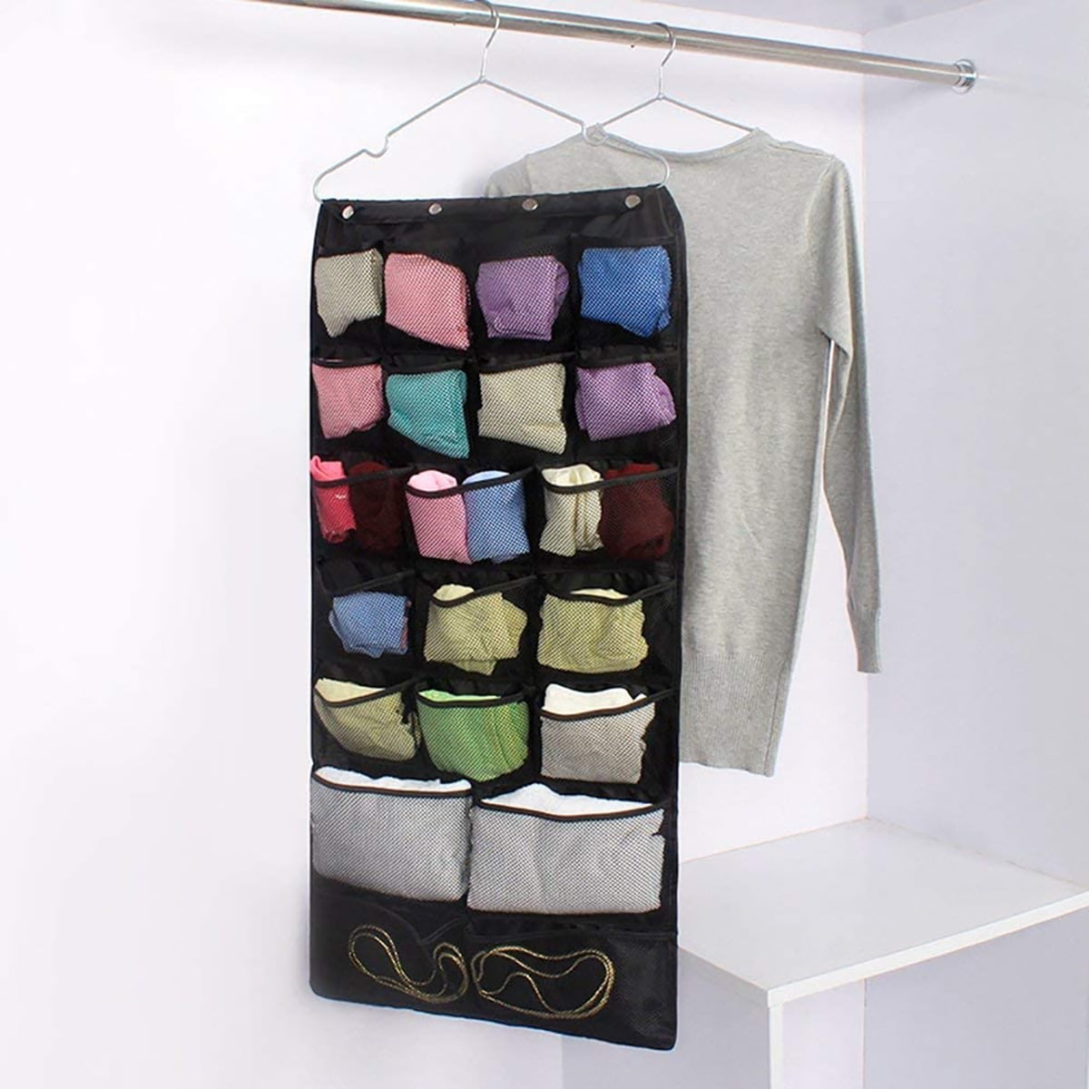 Kepooman Dual-Sided Hanging Closet Organizer with 42 Mesh Pockets & Metal Hanger for Bra Underwear Underpants Socks, Black Kepooman Dual-Sided Hanging Closet Organizer with 42 Mesh Pockets & Metal Hanger for Bra Underwear Underpants Socks, Black