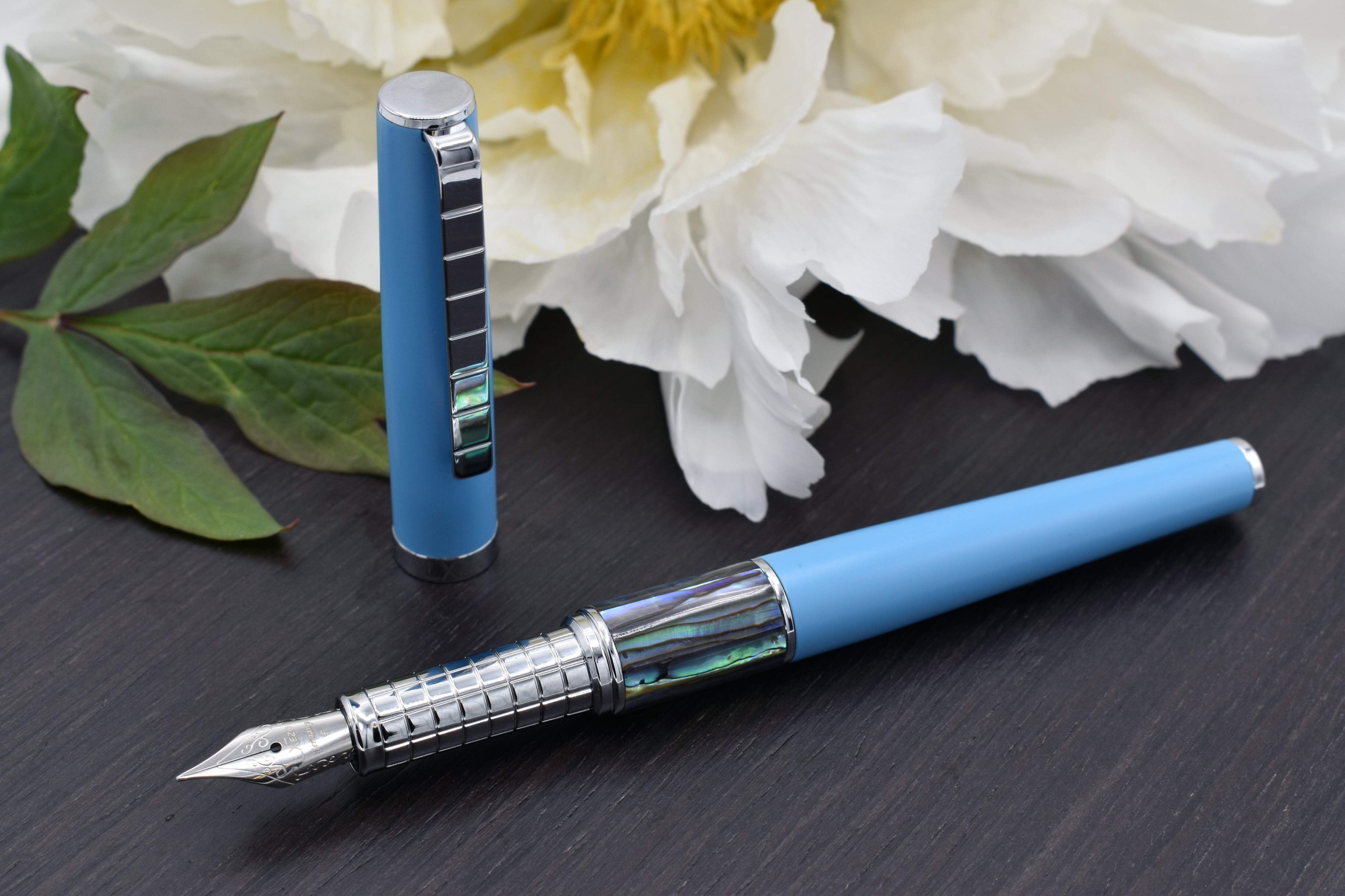 Xezo Speedmaster® Sky Blue Brass Fountain Pen (Fine Nib) - With Paua Abalone