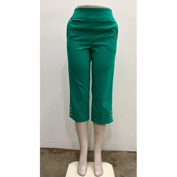 Counterparts Womens pull on stretch front slash pockets Crop with crest gold buttons on hem , Green , S S