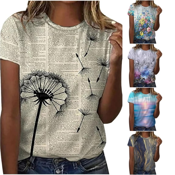 DHFJKG Floral Tops For Women T Shirt Short Sleeve Round Neck Loose Fit Graphic Tees Summer Casual Trendy Top
