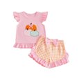 thumbnail image 4 of Zaveiop Toddler Baby Girl Halloween Outfit Little Baby Girls Summer Fall Clothes Ghost Pumpkin Embroidered Flying Sleeve Ruffled Hem Shirt Tops and Plaid Shorts 2 Piece Set Size 2-3 Years, 4 of 4