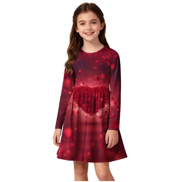 Vestidos de Manga Larga de las Niñas Tamaño 7-8 Elástico un Vestido de Patinador de Línea, Cuello Redondo Casual para la Fiesta Del Recital de la Escuela