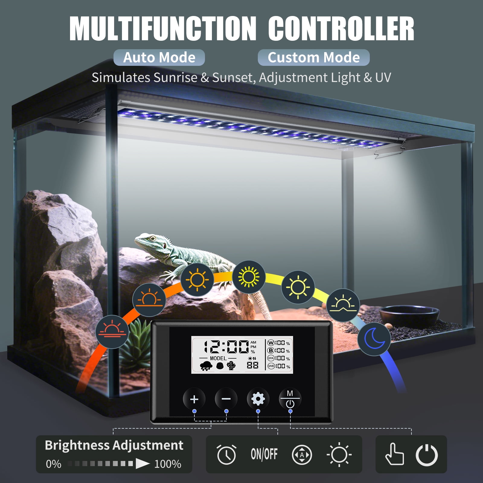 Tawatiler 8-Inch LED UVA UVB Light for Reptiles, Full Spectrum UVA & UVB Reptile Light with Auto 24-Hour Cycle Timer & 10 Dimmable with Controller for Turtles, Snakes, and Bearded Dragons