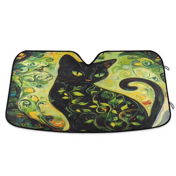 Qxltty Black Cat with Vines Car Windshield Sunshades Foldable UV Rays Sun Visor Protector Keep Your Vehicle Cool 53×23.5in