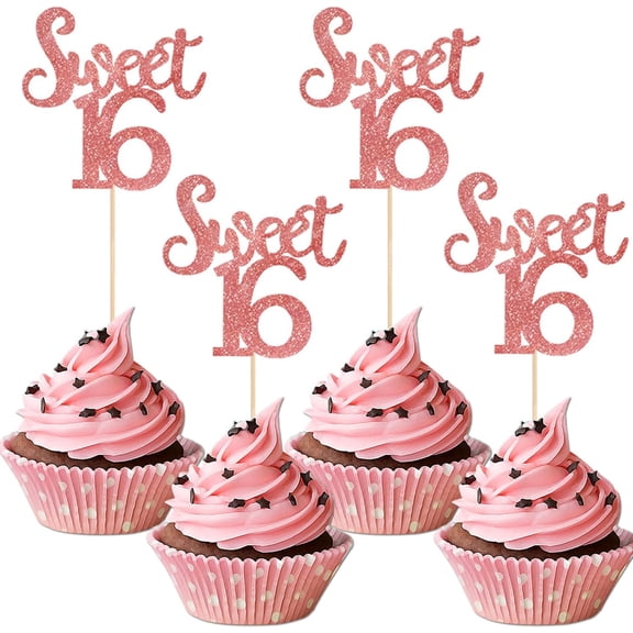 10pcs Glitter Pink Sweet 16 Cupcake Toppers – Shimmering Number 16 Cake Decorations for 16th Birthday & Anniversary Parties