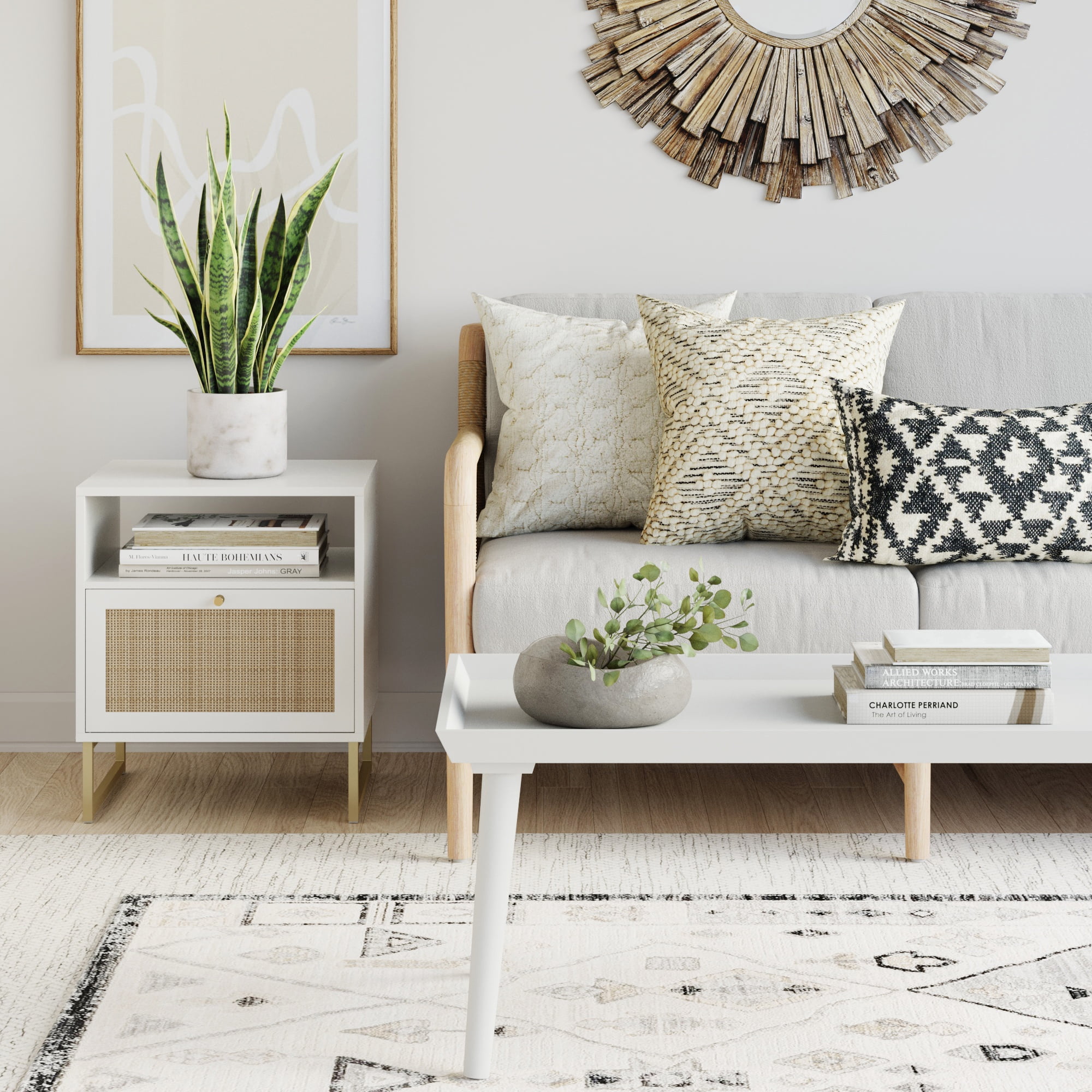 Nathan James Mina Square End Table with Rattan Drawer, White/Gold