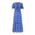 thumbnail image 5 of Womens Floral Summer Dress Casual Wrap V Neck Short Sleeve Belted Beach Bohemian Maxi Dress, 5 of 7