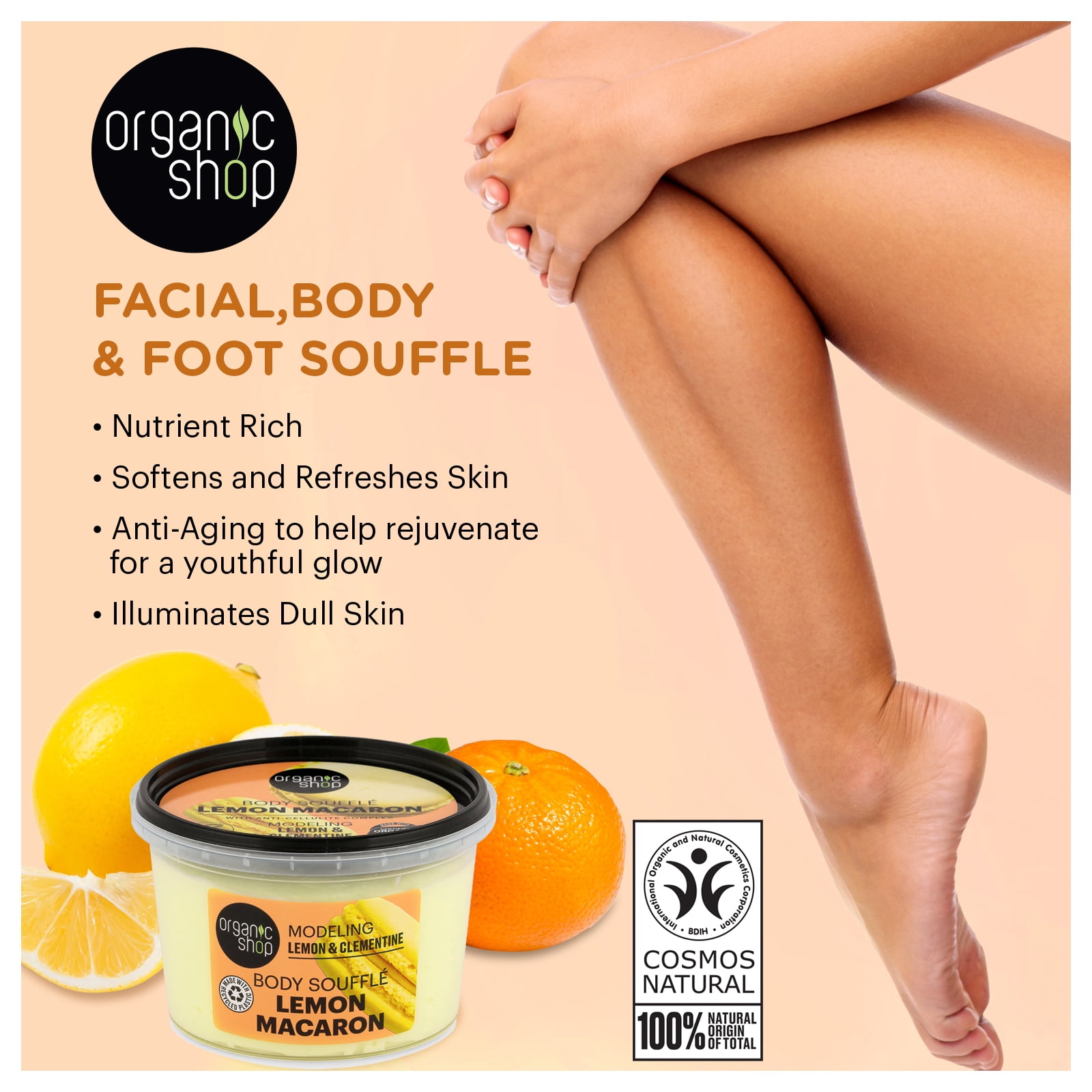 Organic Shop Lemon & Clementine Modeling & Hydrating Body Cream, 100% Vegan & Organic, Daily Moisturizer & Nourishing, Face, Hand & Foot Natural Lotion, Intensive Care & Skin Toning. 250ml. Pack of 2
