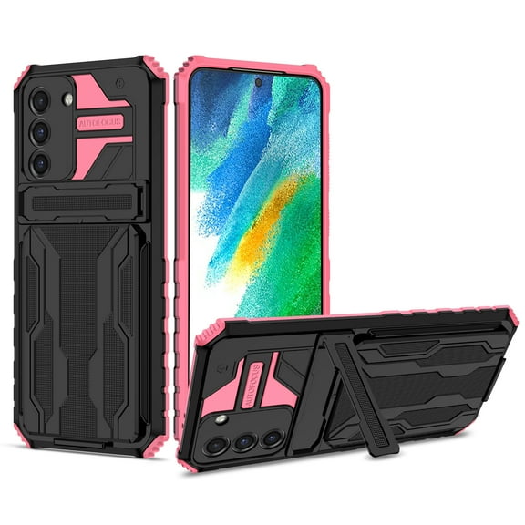 Feishell for Samsung Galaxy S24 FE Wallet Case Credit Card Holder Stand Kickstand Rugged Hard PC   Soft TPU Shockproof Heavy Duty Armor [Military Grade Protection] Grip Phone Case, Pink