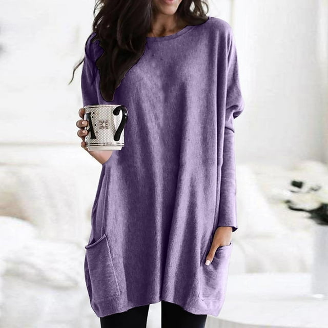 Hamky T-Shirts pour Femmes T-Shirts pour Femmes T-Shirts à Col Rond à Manches Longues pour Femmes Hauts Grande Taille Chandails Légers Tuniques Décontractées Amples Hauts à Manches Courtes pour Femmes Hauts Décontractés pour Femmes Violet m