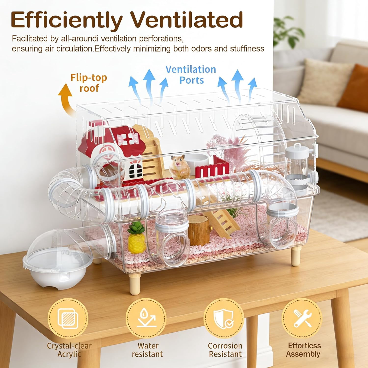 Acrylic Hamster Cage,8 in 1 Gerbil Cage with 360° Panoramic View,Top Open Mouse Cage with Tubes for Pet Mice,Dwarf Hamster,Gerbils (17.7"x13"x11.8")