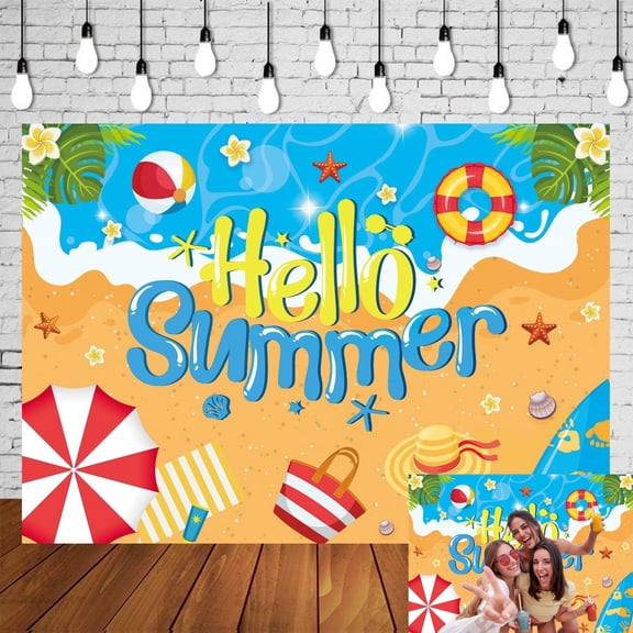 7x5FT Hello Summer Backdrop Summer Beach Luau Photo Decoration Blue Sea Sky Hawaii Tropical Background