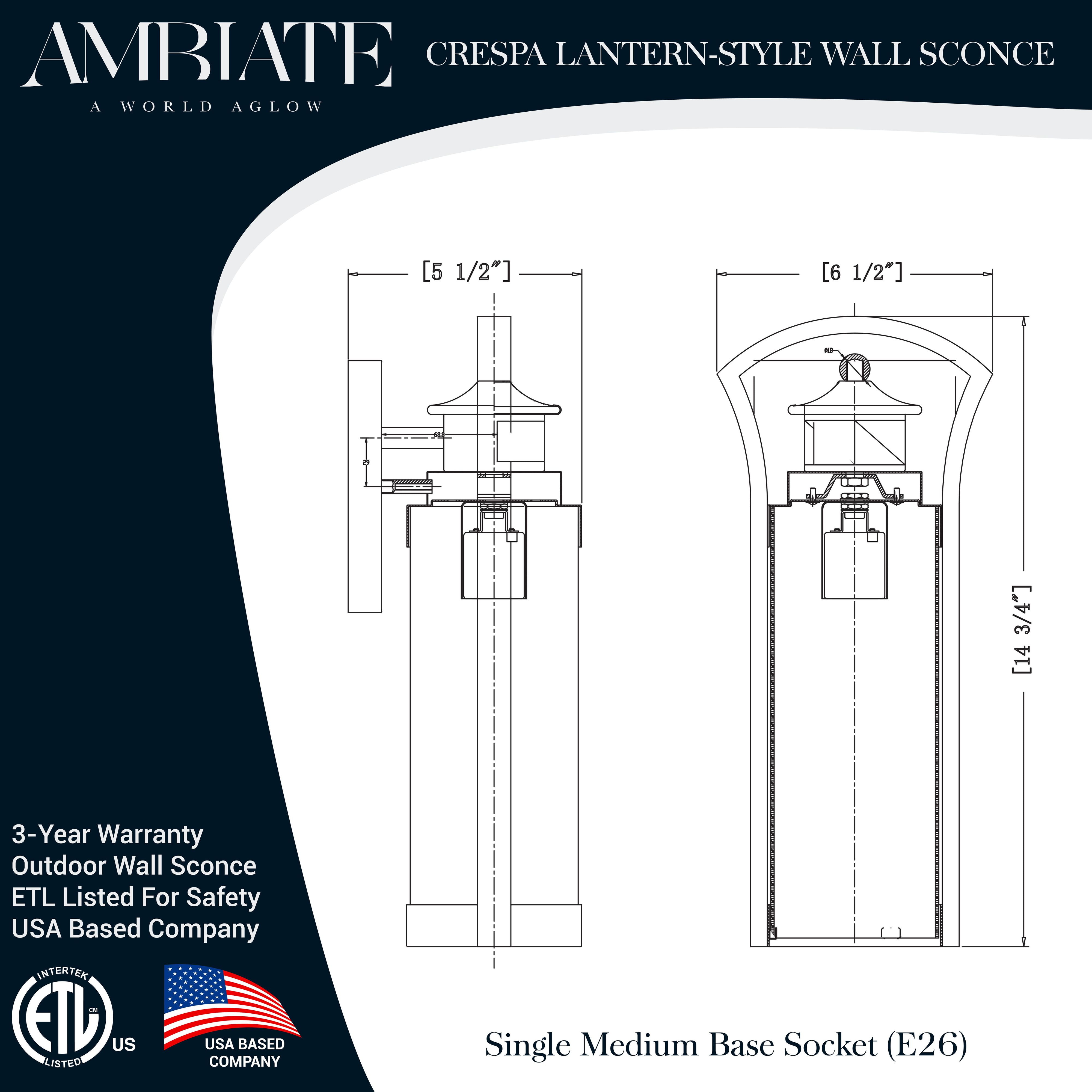 Ambiate Crespa Lantern-Style Wall Sconce, Motion Sensor, Medium Base (E26) Socket, Black Finish, Clear Glass Shade, for Porches, Patios, Garage Openings, Commercial or Residential, ETL