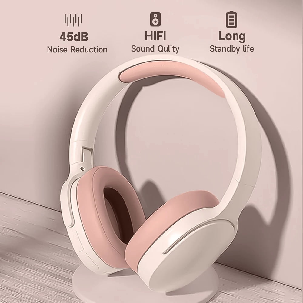 Wireless On-Ear Headphones, Upgraded Bass HiFi Stereo Wireless Headset, Foldable and Wireless Wired Mode, Soundproof On-Ear Headphones with Mic and Volume Control for PS5, PS4, PC, Switch, Mac-Pink