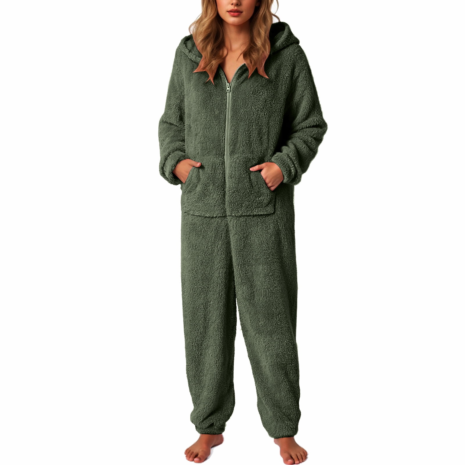 Rotm Onesie for Women Womens Plus Size Onesies Pajamas Winter Fuzzy Sherpa Adult Hooded One Piece Jumpsuit Cute Zipper Fleece Romper Sleepwear AG,L