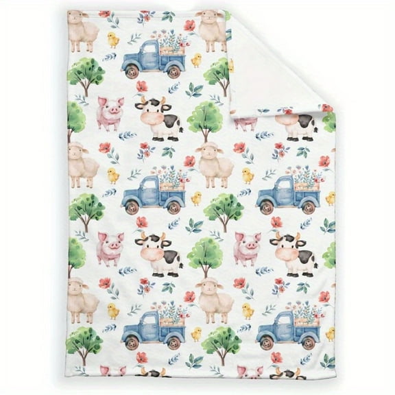 Soft & Cozy Farm Animal Flannel Youngsters Blanket - Adorable Pig, Cow, Sheep, Chicken Design with Blue Tractor & Flowers - Perfect Nursery Gift for Boys & Girls