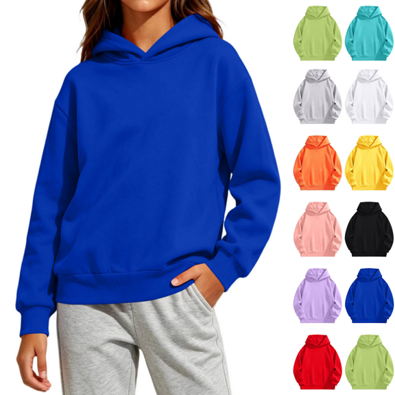 Acaics Kids Pullover Hoodie Girls And Boys Solid Color Long Sleeve Hooded Sweatshirt With Kangaroo Pocket Casual Basic Tops For 2-14 Years
