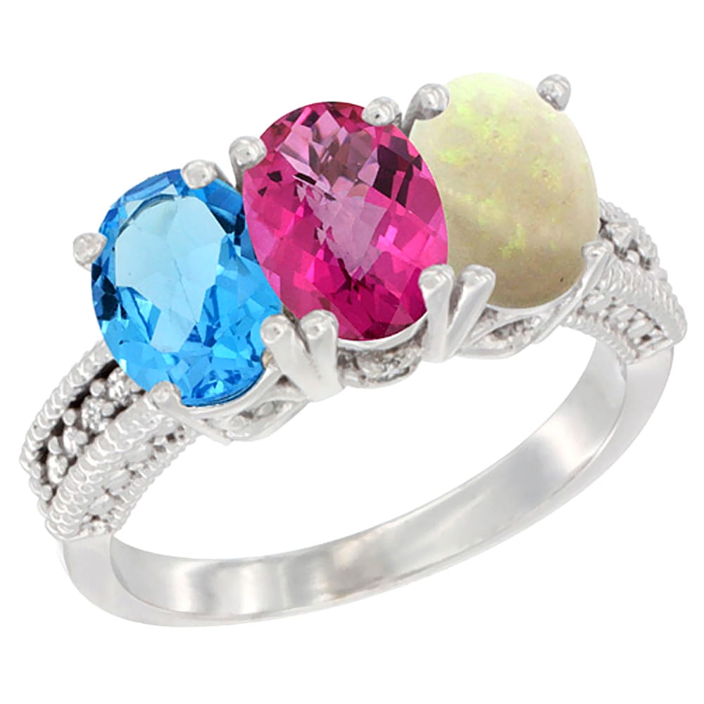 10K White Gold Natural Swiss Blue Topaz, Pink Topaz & Opal Ring 3-Stone Oval 7x5 mm Diamond Accent, sizes 5 10 by WorldJewels