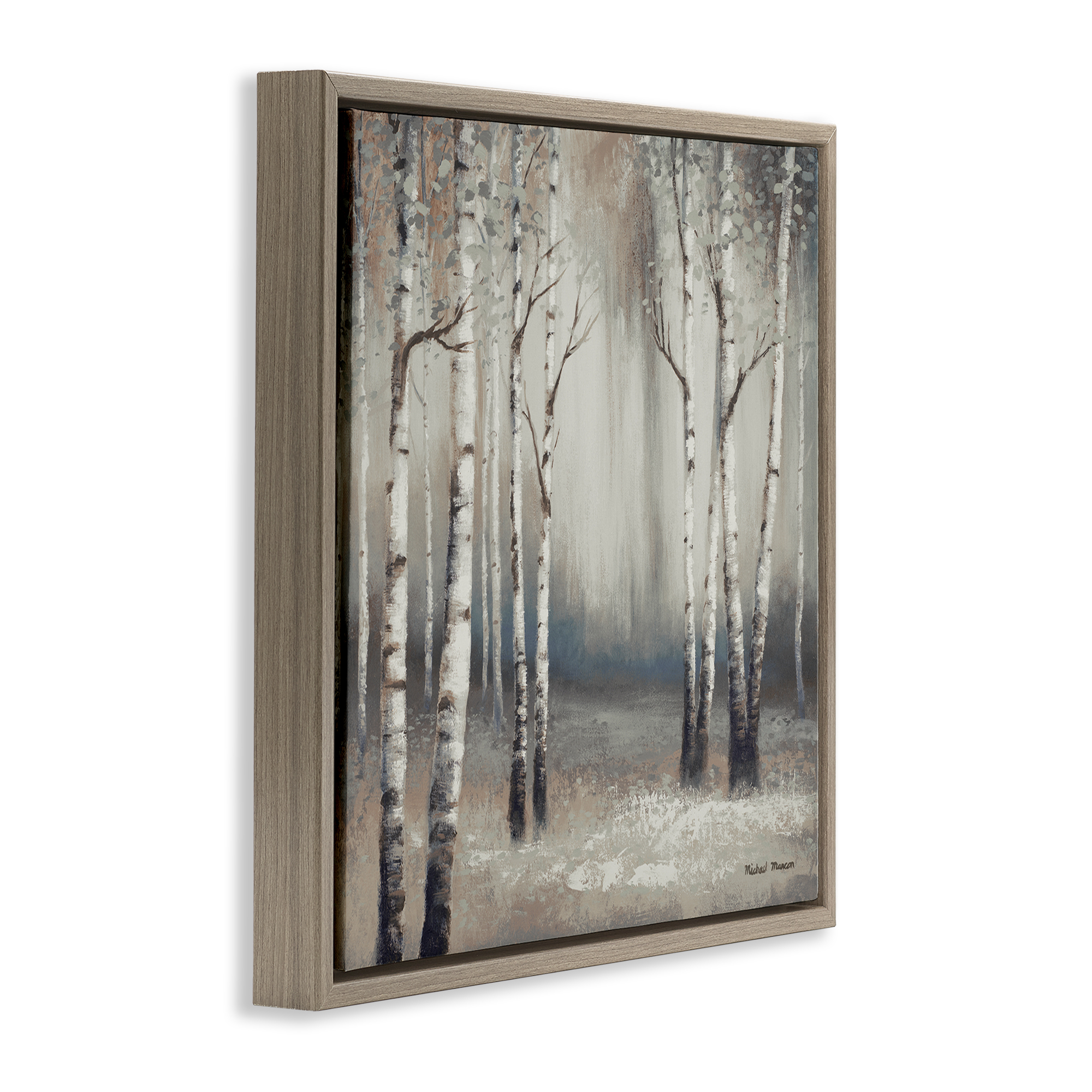 Misty Birch Tree Forest Landscape Brown Floating Frame Canvas Art, 25 x 25