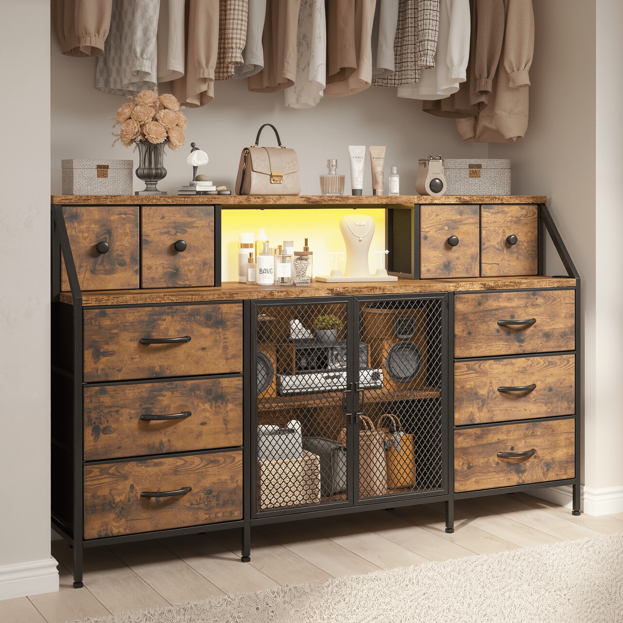 Romorgniz Dresser for Bedroom with 10 Fabric Drawers & Mesh Door 55" Long Dressers & Chest of Drawers with LED Lights & Charging Station for Living Room, Rustic Brown