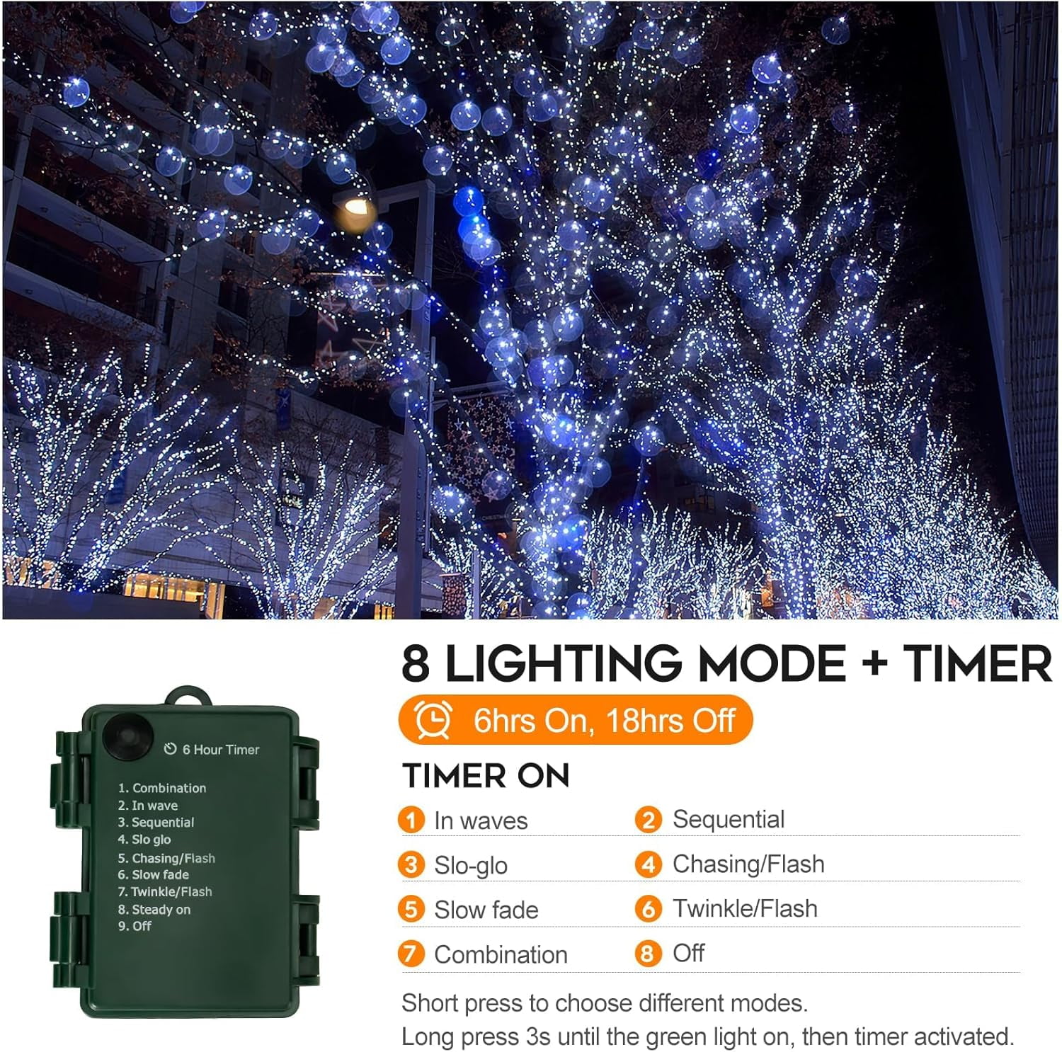 Battery Operated Christmas Lights, 33 FT 100 LED Mini String Lights with Timer and 8 Modes, Green Wire Outdoor Waterproof String Lights for Tree Xmas Indoor Holiday Party Garden Decor, Warm White