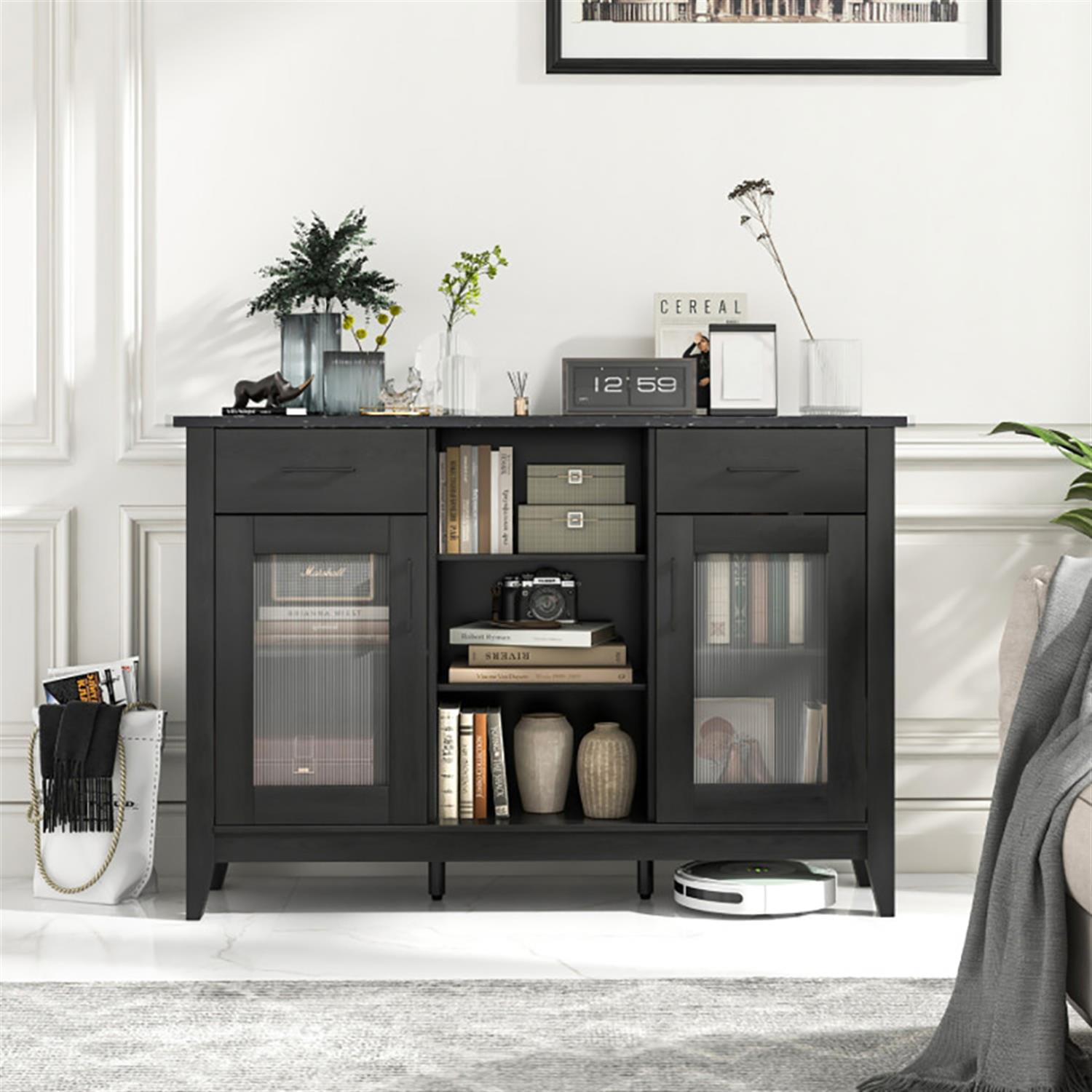 Demi Bonn 52" Sideboard Buffet Cabinet with 2 Drawers and 4 Adjustable Shelves, Kitchen Storage Cabinet, Wood Coffee Bar Buffet Table for Dining Room, Black
