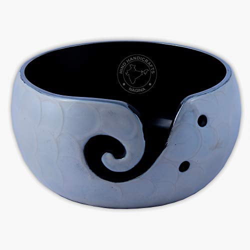 Hind Handicrafts Premium Solid Handmade Crafted Metallic Finish - Aluminium Portable Yarn Storage Bowl - Holder for Knitting Crochet Hook Accessories (6" x 6" x 3", Pearl White)