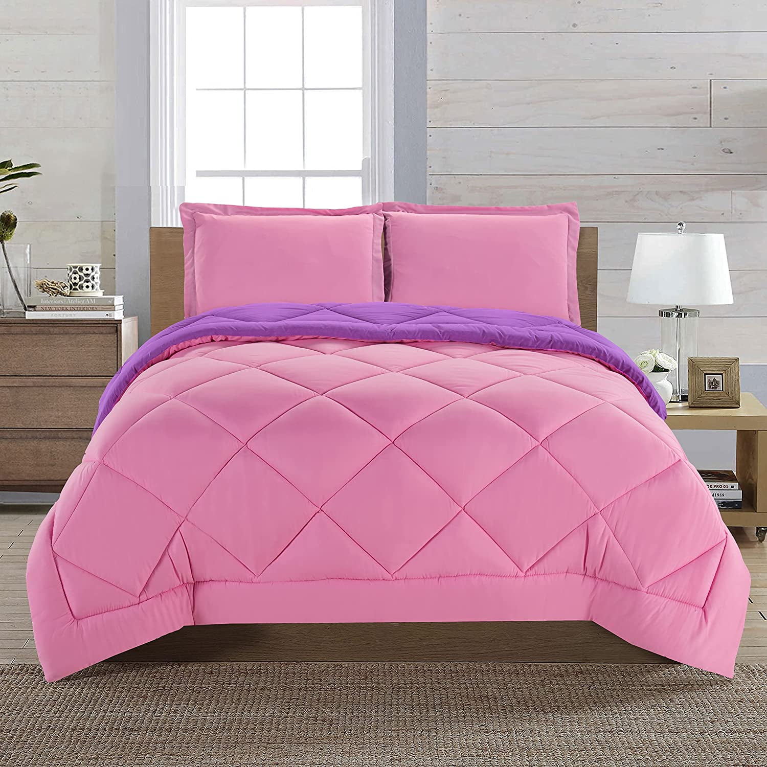Elegant Comfort 3-Piece Reversible Comforter Set, All Season Suitable, Box-Stitched Down Alternative, Twin/Twin XL, Pink/Purple