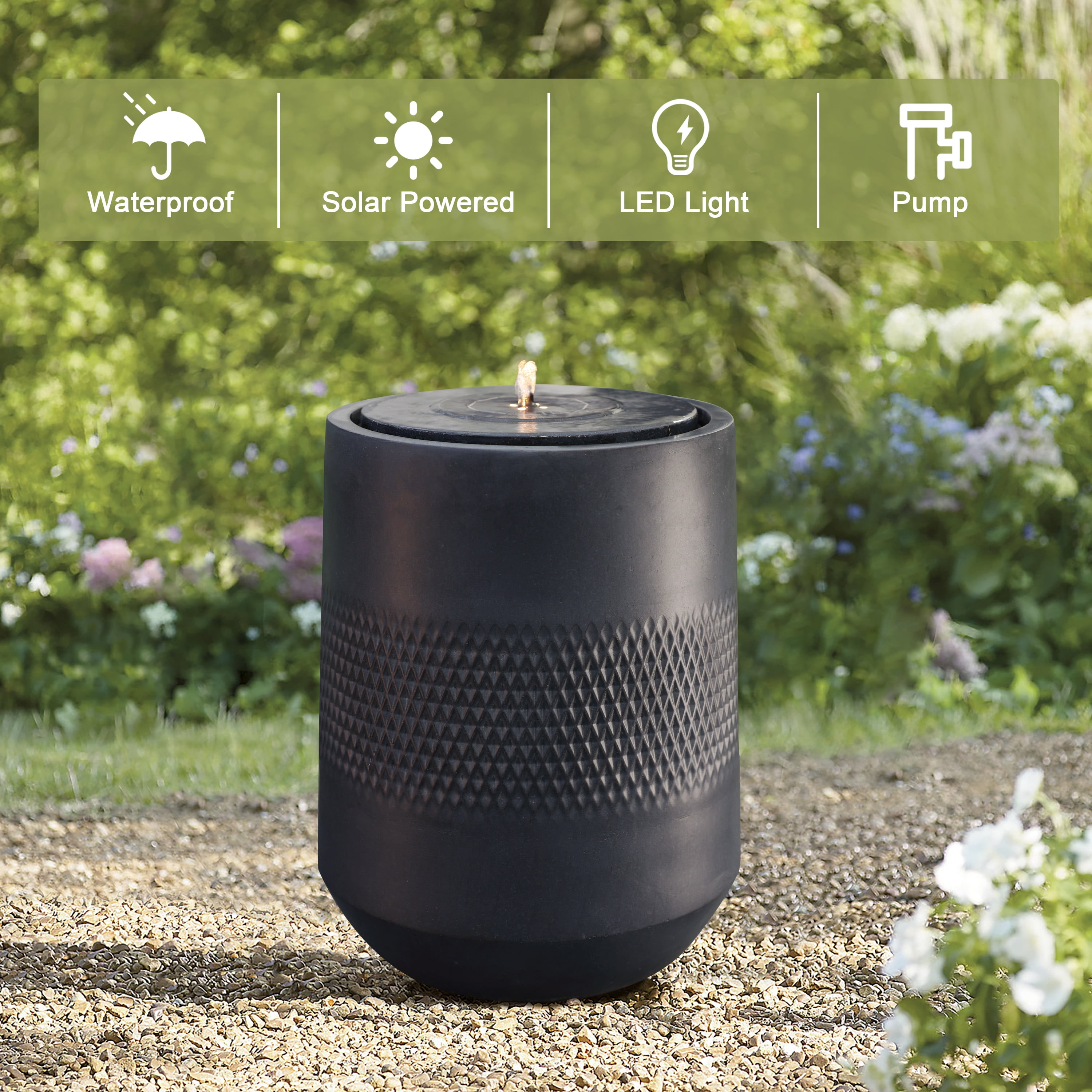 LuxenHome Dark Gray Resin Round Bubbler 23" Tall Outdoor Fountain with Lights, Solar Powered
