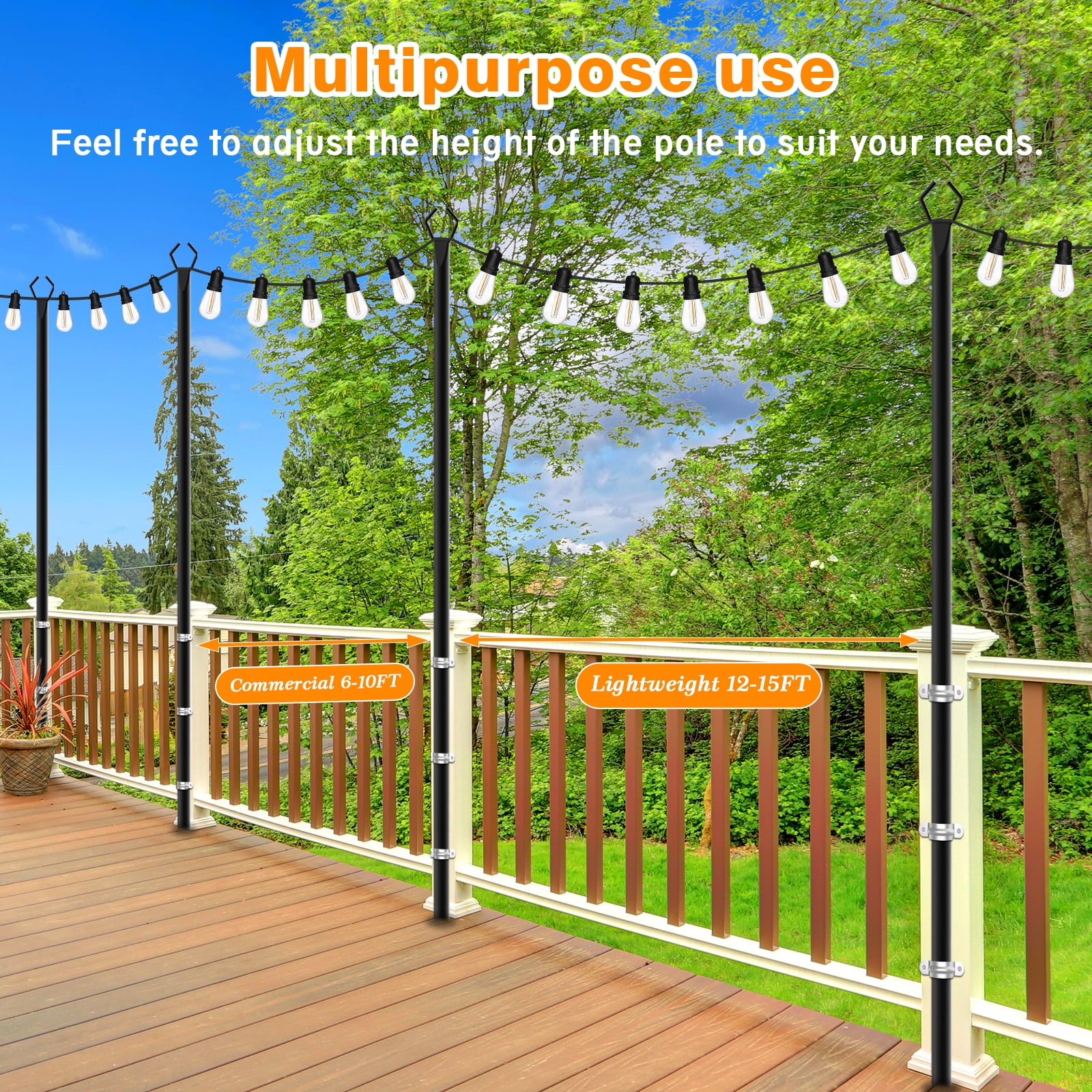 2Pack 10FT Outdoor String Light Poles with Fence Brackets, Heavy Duty Metal Light Stand for Hanging String Lights, Weatherproof Deck Patio Backyard Garden Light Pole for Wedding Party Holiday Decor