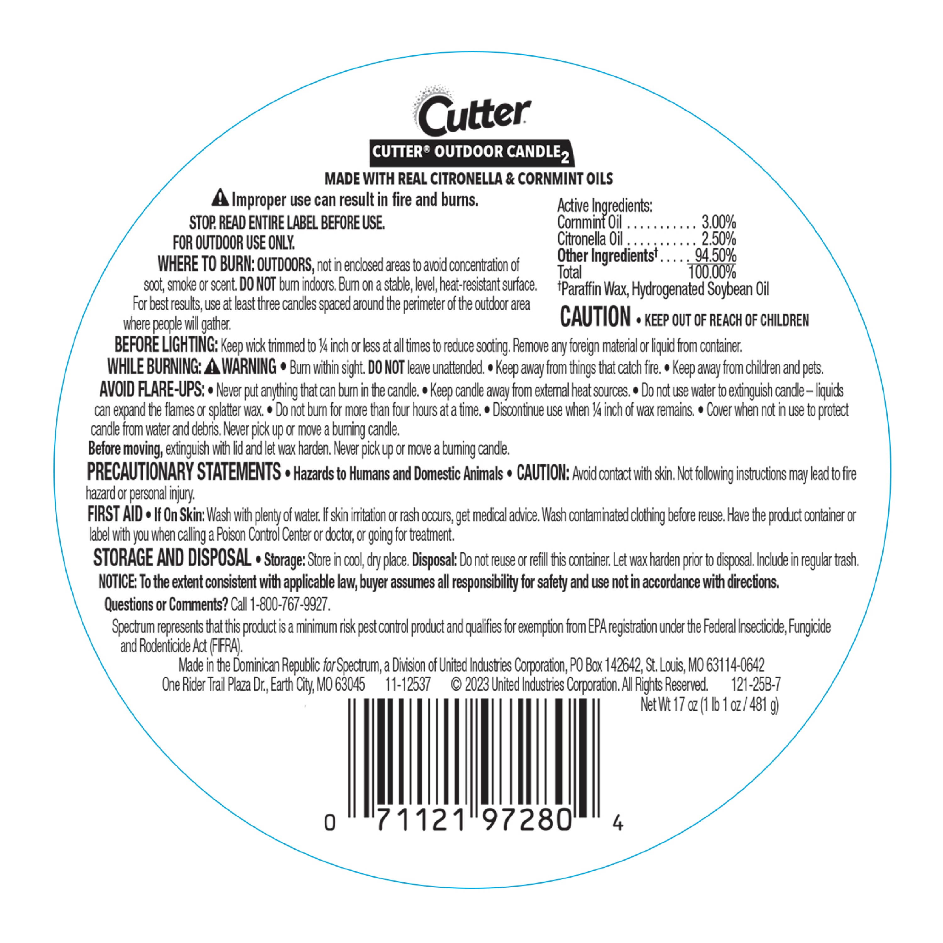 Cutter Outdoor Soy Wax Candle, Reduces The Presence of Mosquitos, Citronella & Mint Scent, 17 Ounces