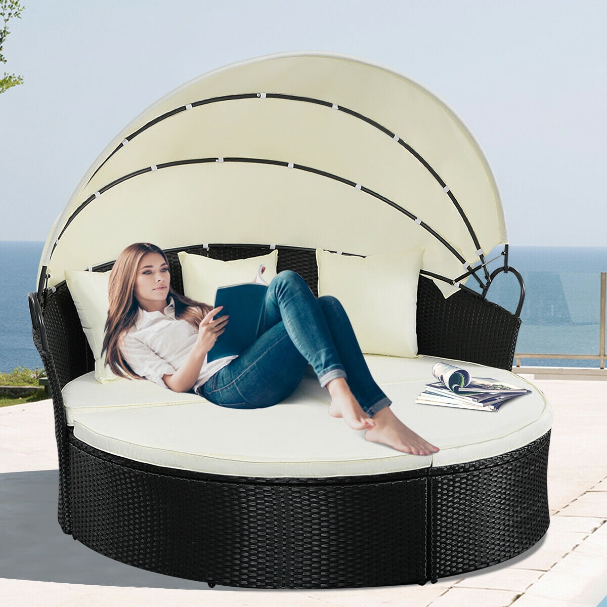 Costway Round Retractable Canopy Daybed Wicker Rattan Patio Sofa Furniture