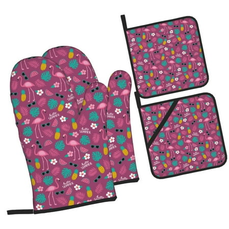 

Haiem Summer Flamingo Print Extra Long Oven Mitts and Pot Holders 4pc Sets: Heat Resistant Silicone Oven Mittens with Mini Oven Gloves and Hot Pads Potholders