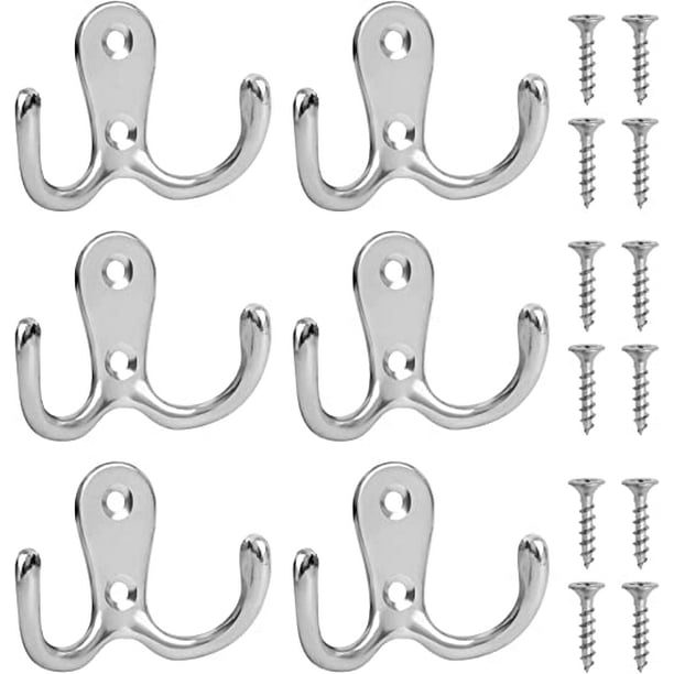 ShenMo 6 Pcs Double Prong Robe Hook (Silver), Double Hook Over Door Hook,  with 12 Screw Chrome Wall Hanging Hook, Used for Hanging Chax, Ties,  Clothes, Towels, Cloth Racks, Floors metal, silver
