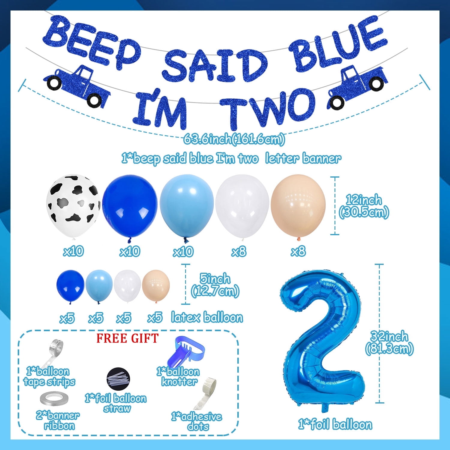 Little Blue Truck 2nd Birthday Party Decoration, Little Blue Truck Birthday Party Supplies with Beep Said Blue I'm Two Glitter Banner and Blue White Latex Balloon Arch for Boy Girl 2nd Birthday Party