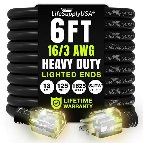 6ft Outdoor/Indoor Extension Cord 16/3 Gauge Heavy Duty 3 Prong SJTW, Waterproof, Flexible Cold-Resistant Long Power Cord,125 Amp 1625W, Black by LifeSupplyUSA