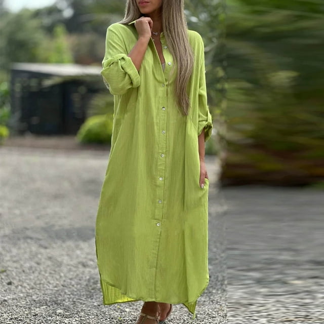 zanvin Vente Robes d'Été pour Femmes, Robe Chemise à Col en V pour Femmes Couleur Unie Coton Chanvre Cardigan Décontracté à Manches Longues, Jaune, TG